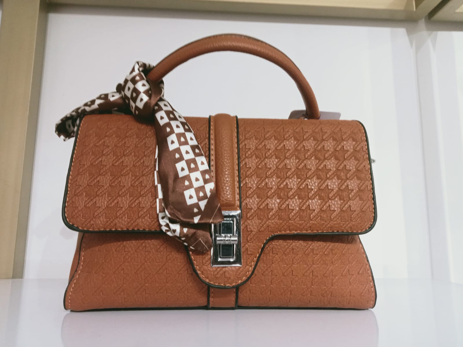 Elegant Textured Handbag – Fashionable Top Handle Purse with Silk Scarf