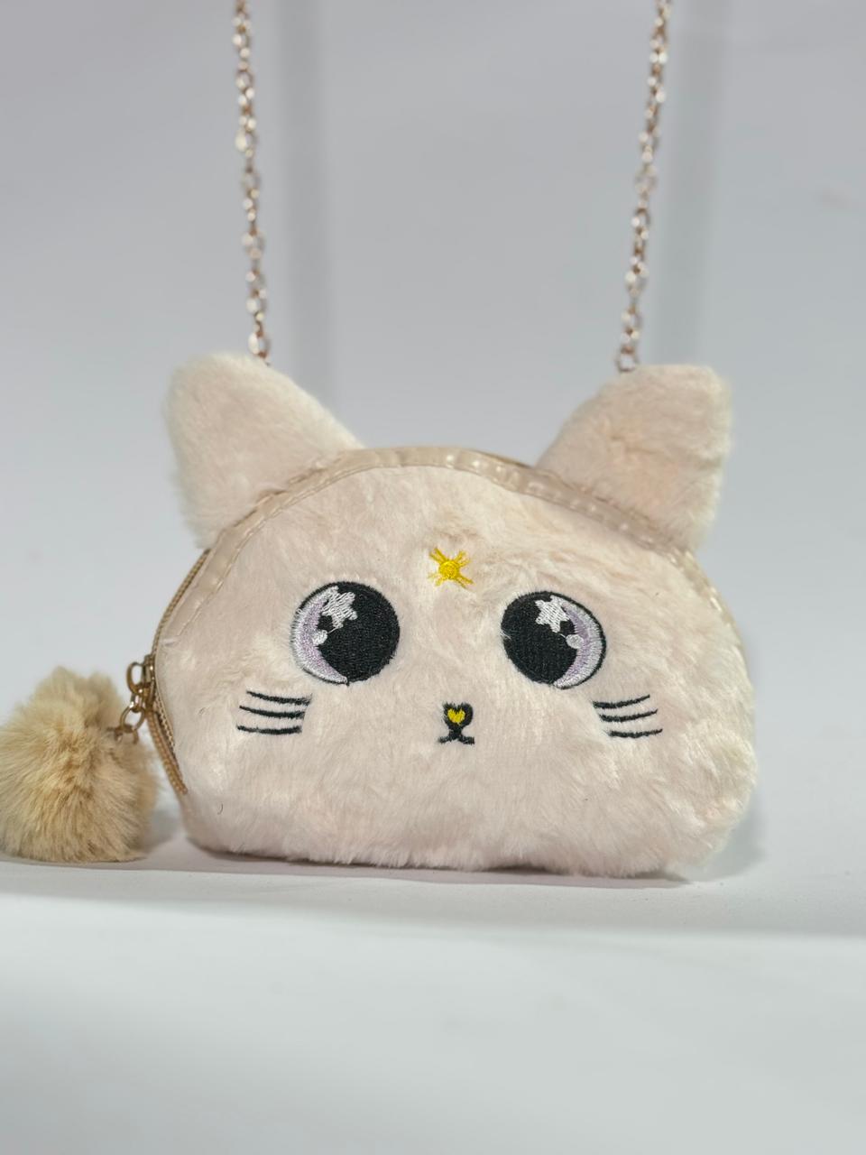 Cute Furry Cat-Shaped Kids Shoulder Bag